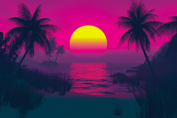 A colorful sunset over a tranquil beach with palm trees.