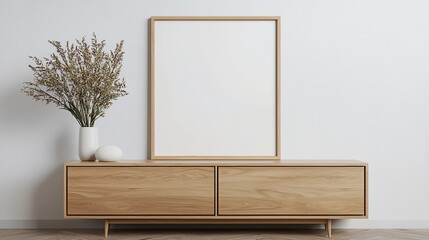 Wall Mural - Modern interior design with a wooden cabinet and a blank frame on the wall.