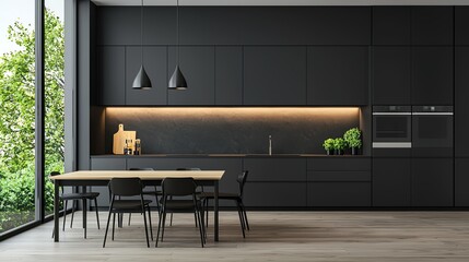 Wall Mural - Modern kitchen interior with wooden table and greenery