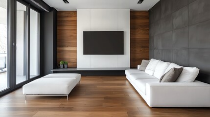 Wall Mural - Modern living room interior with minimalist design and large windows.