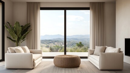 Wall Mural - Modern living room with white sofas and a view of nature through large windows.