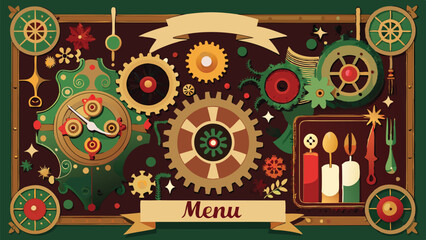 Poster - A whimsical steampunk-inspired menu design featuring gears, cogs, and botanical elements, set against a wooden background with intricate detailing and a playful layout