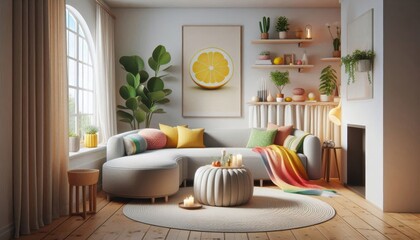 Cozy modern living room, curved gray sofa, colorful throw pillows, round ottoman coffee table, lemon art print, white curtains, large window, wooden side table, potted plant, candles, warm lighting, r