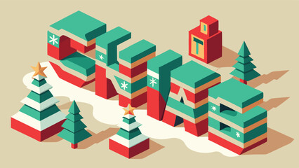 Poster - Colorful 3D Christmas-themed arrangement featuring presents, trees, and festive letters in a winter landscape setting