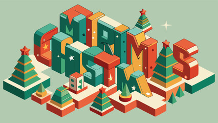 Poster - Colorful 3D Christmas-themed arrangement featuring presents, trees, and festive letters in a winter landscape setting