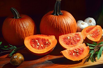 Freshly Harvested Pumpkins and Squash Displayed on a Wooden Table in Autumn Season