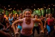 © Milos - A smiling woman in workout attire passionately leads a dynamic fitness class outdoors, inspiring participants with her enthusiasm and energy amidst lush green surroundings.