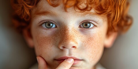 Wall Mural - a thoughtful young boy with curly red hair and vibrant green eyes gazes into the distance. his gentl
