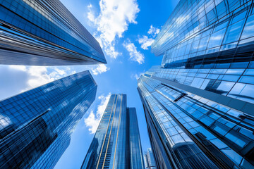 A futuristic city skyline dominated by towering skyscrapers made of glass and steel, showcasing cutting-edge architectural designs and sustainable technologies