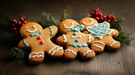 Gingerbread cookies decorated with icing and festive colors, perfect for holiday celebrations. These delightful treats bring joy and warmth to any Christmas gathering