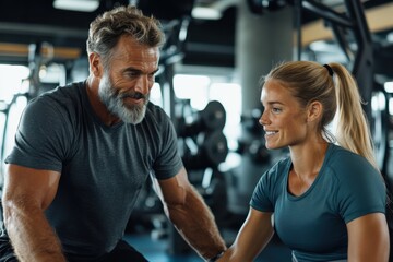 A man and a woman engage in a fitness workout at the gym, highlighting strength training and teamwork in a motivating and energetic setting.