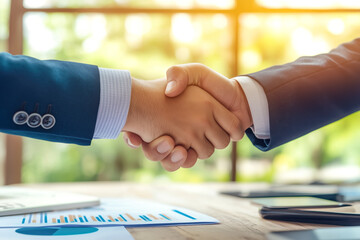 A handshake between two business executives in a modern boardroom, sealing a deal and illustrating the importance of networking and collaboration in business