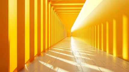 Vertical stripes in yellowish space, rectangular graphics, low angle perspective, detailed shot, high clarity, bold design, photorealistic quality, vibrant ambiance