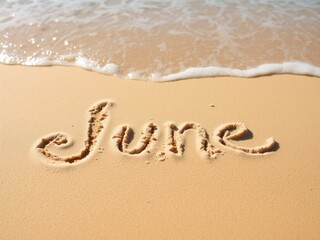 June Written in the Sand on a Beach