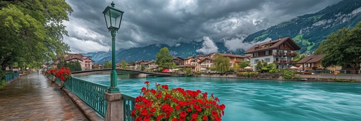 Wall Mural - A serene riverside scene showcasing vibrant flowers and contrasting dark clouds. The calm water reflects the beautiful landscape, creating a peaceful atmosphere. Ideal for nature lovers. AI