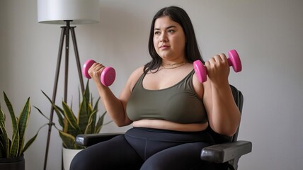 A young woman exercises with pink dumbbells while seated, promoting fitness and strength training in a home environment.