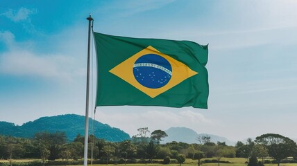 A vibrant Brazilian flag waving against a serene landscape, symbolizing national pride and cultural heritage.