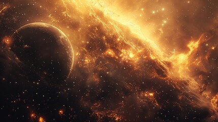 Wall Mural - fiery nebula and planet, cosmic background with stars, space exploration and astronomy image