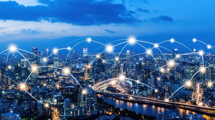Aufkleber - Networked Cityscape with Illuminated Buildings and Interconnecting Lines