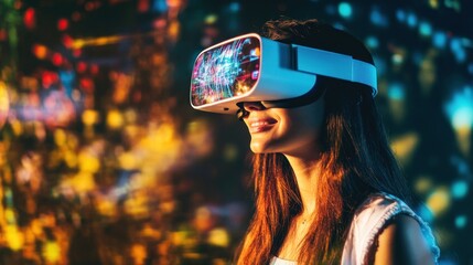 Poster - A Woman Wearing a VR Headset Experiencing a Digital World