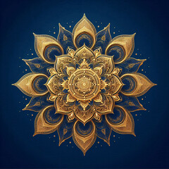 A luxurious golden mandala on a blue background, intricate and detailed. Generative AI.