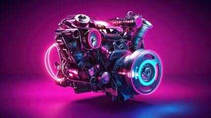 Poster - Futuristic Engine with Neon Lighting on a Magenta Background