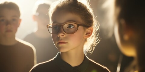 Wall Mural - a focused child stares intently in a dimly lit setting. soft background highlights the atmosphere of
