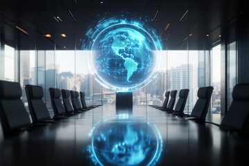 Holographic Globe Displaying Global Connectivity in Futuristic Boardroom