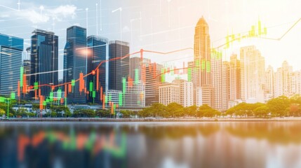 Aufkleber - Skyscrapers with Overlay of Stock Market Candlestick Charts
