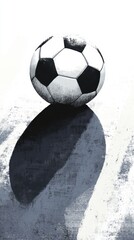 A soccer ball is sitting on a grey surface with a shadow of the ball cast on the