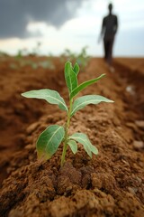 farmers cultivating new plants in rich soil under a cloudy sky during the growing season