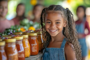 A young girl proudly displays her homemade barbecue sauce at a lively summer contest surrounded by colorful produce and excited participants