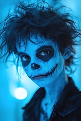 Boy with blue zombie makeup, wild hair, blue background, spooky smile, dynamic lighting, Halloween mood