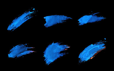 Wall Mural - bright neon blue brush stroke, black background, dash and blob, watercolor style set