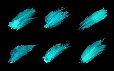 Wall Mural - bright teal color dollops collection of brush strokes, isolated on black, alive and in motion, stylized paint