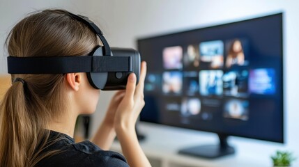 Poster - Woman Wearing VR Headset and Interacting with a Computer Screen