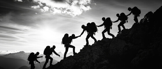 a group of people are climbing a mountain together. the image is in black and white and the people a
