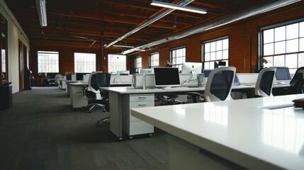 Fototapete - Modern Office Workspace with White Desks and Black Mesh Chairs