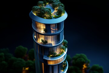 Poster - 3D digital model of a futuristic residential tower, with transparent glass walls, rooftop gardens, and a sleek, modern design