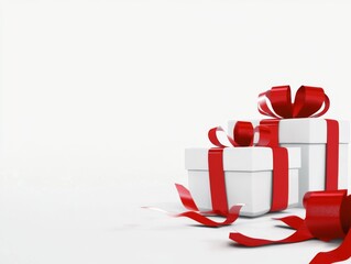 White gift boxes with red ribbons arranged on the right side, minimalist 3D rendering with sharp focus and hyper-realistic details against a clean white background.