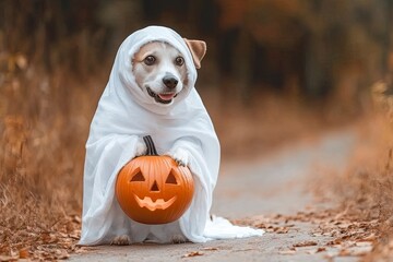 dog in a ghost costume holding a pumpkin outdoors in autumn with generative ai