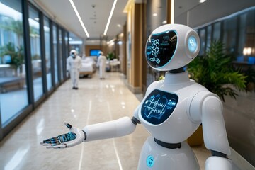 Poster - AI-powered hospital ward, where robots, AI systems, and smart devices collaborate to deliver personalized healthcare to patients in a futuristic medical environment