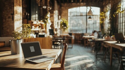 A laptop sits on a wooden table in a modern, open-plan office. Sunlight streams through large windows, illuminating the space.