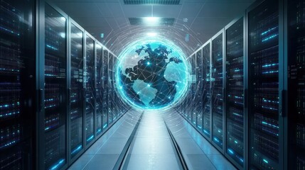 Poster - Global Network Server Room with Holographic Earth Projection