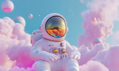 Wall Mural - playful astronaut character exploring a colorful, whimsical space environment with planets and cloud