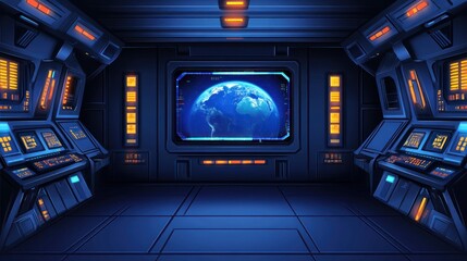 Poster - Futuristic Spaceship Interior with Earth on Monitor