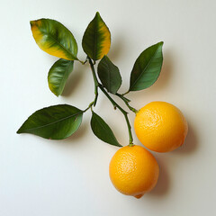 Canvas Print - Two ripe lemons with green leaves on a white background.