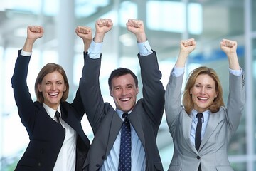 Group of happy business people with arms raised celebrating success in the office