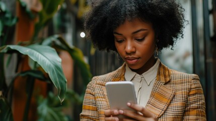 Wall Mural - Modern Businesswoman Engrossed in Smartphone