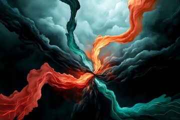 Aufkleber - Cyber warfare is represented in a soft watercolor painting, with abstract, flowing lines of data streams intertwining with dark, stormy brushstrokes symbolizing an impending attack